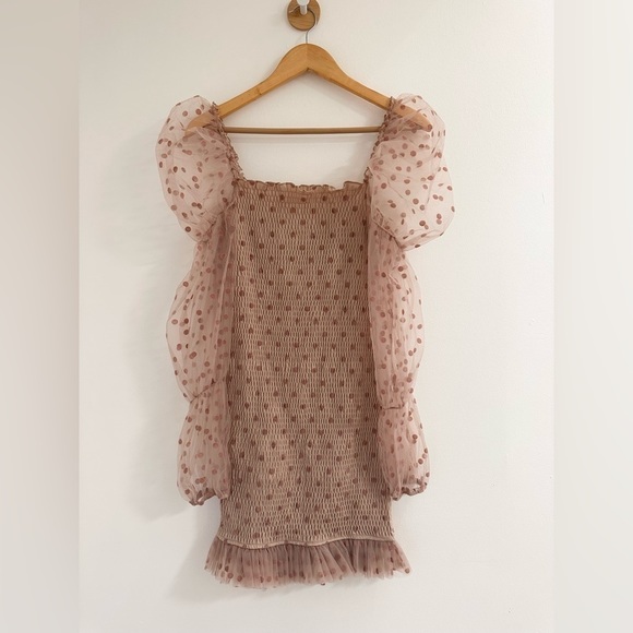 Lovesong Polka Dot Smocked Mini Dress Size M / Color Beige / Tan - Picture 9 of 9